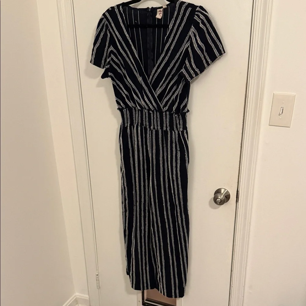 Anthropologie Dolan Navy Sz Small Left Coast Cotton Stripe Wide Leg Jumpsuit - Picture 4 of 9